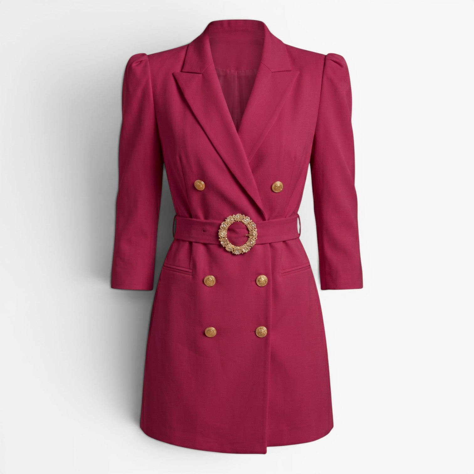 Women's Double-Breasted Blazer Mini Dress with Crystal Buckle Belt and Structured Puff Sleeves