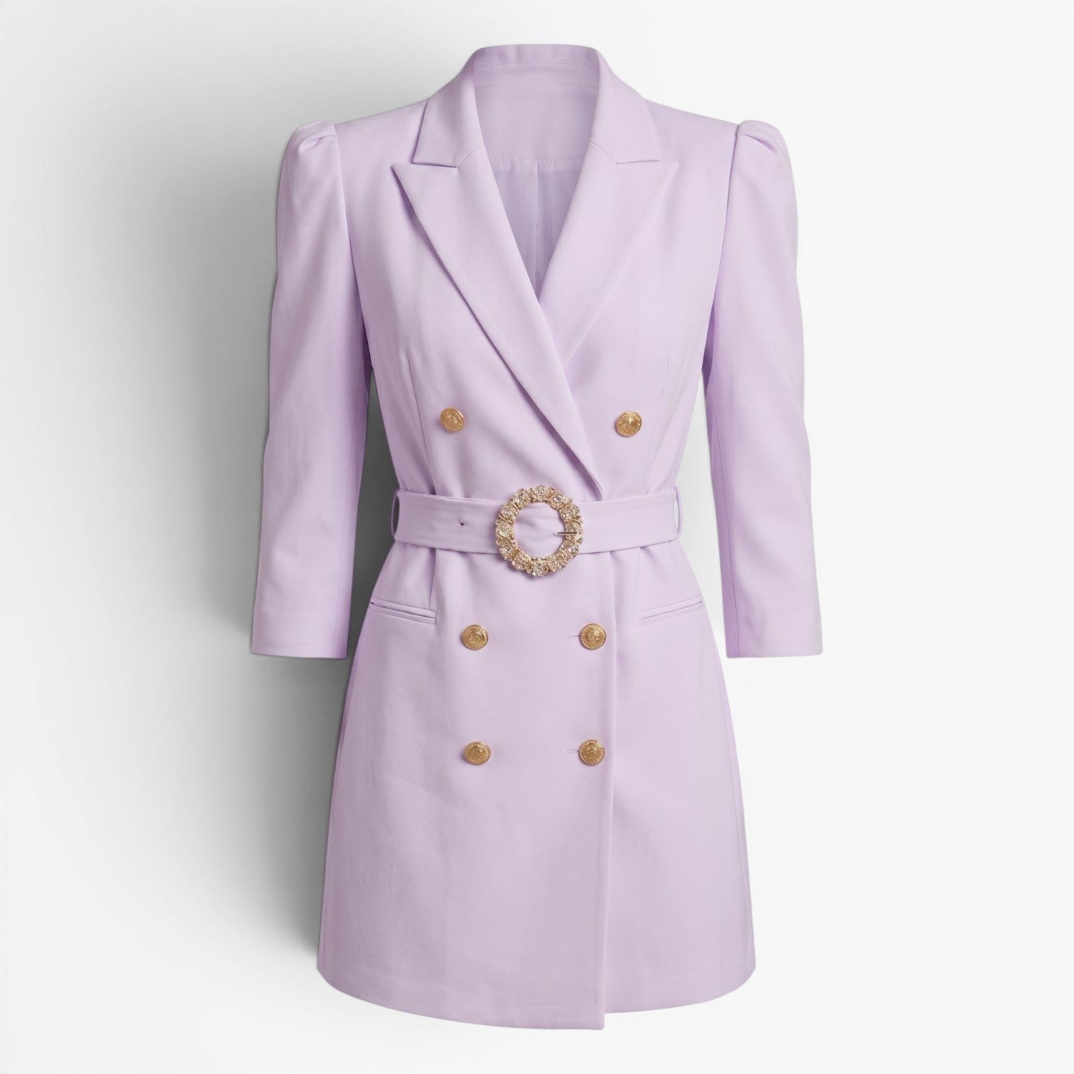 Women's Double-Breasted Blazer Mini Dress with Crystal Buckle Belt and Structured Puff Sleeves