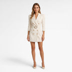 Women's Double-Breasted Blazer Mini Dress with Crystal Buckle Belt and Structured Puff Sleeves