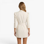 Women's Double-Breasted Blazer Mini Dress with Crystal Buckle Belt and Structured Puff Sleeves