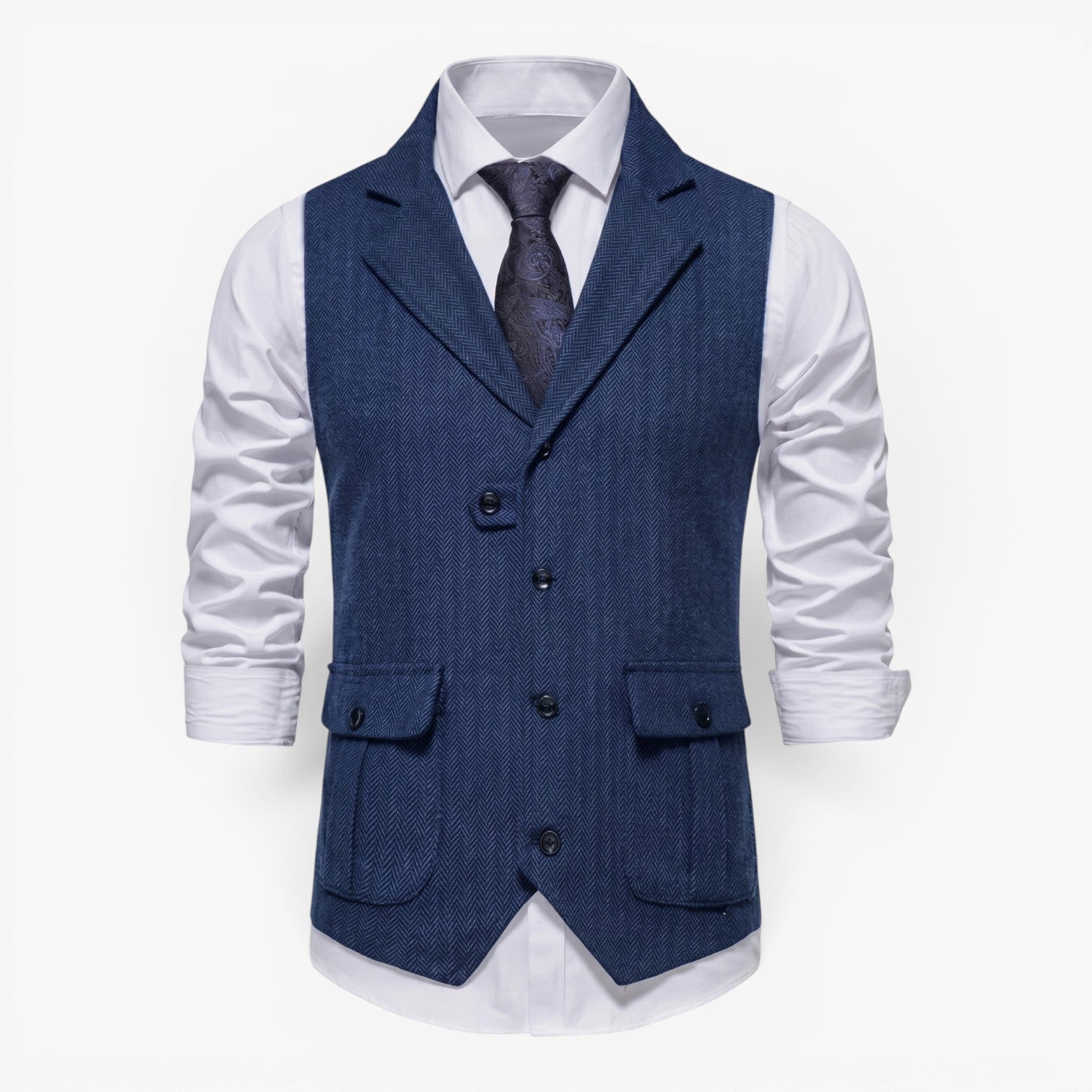 Men's Vintage Herringbone Tailored Waistcoat with Notch Lapel and Utility Pocket Details