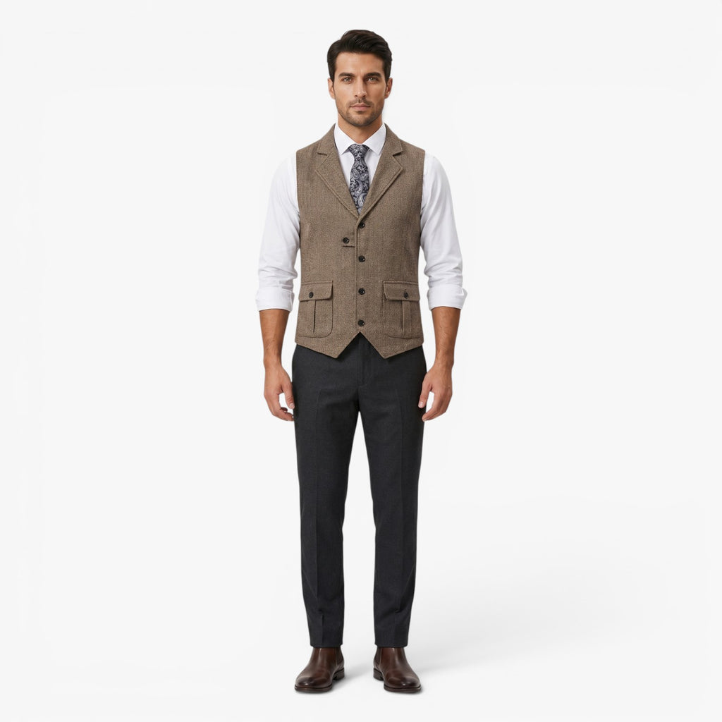 Men's Vintage Herringbone Tailored Waistcoat with Notch Lapel and Utility Pocket Details