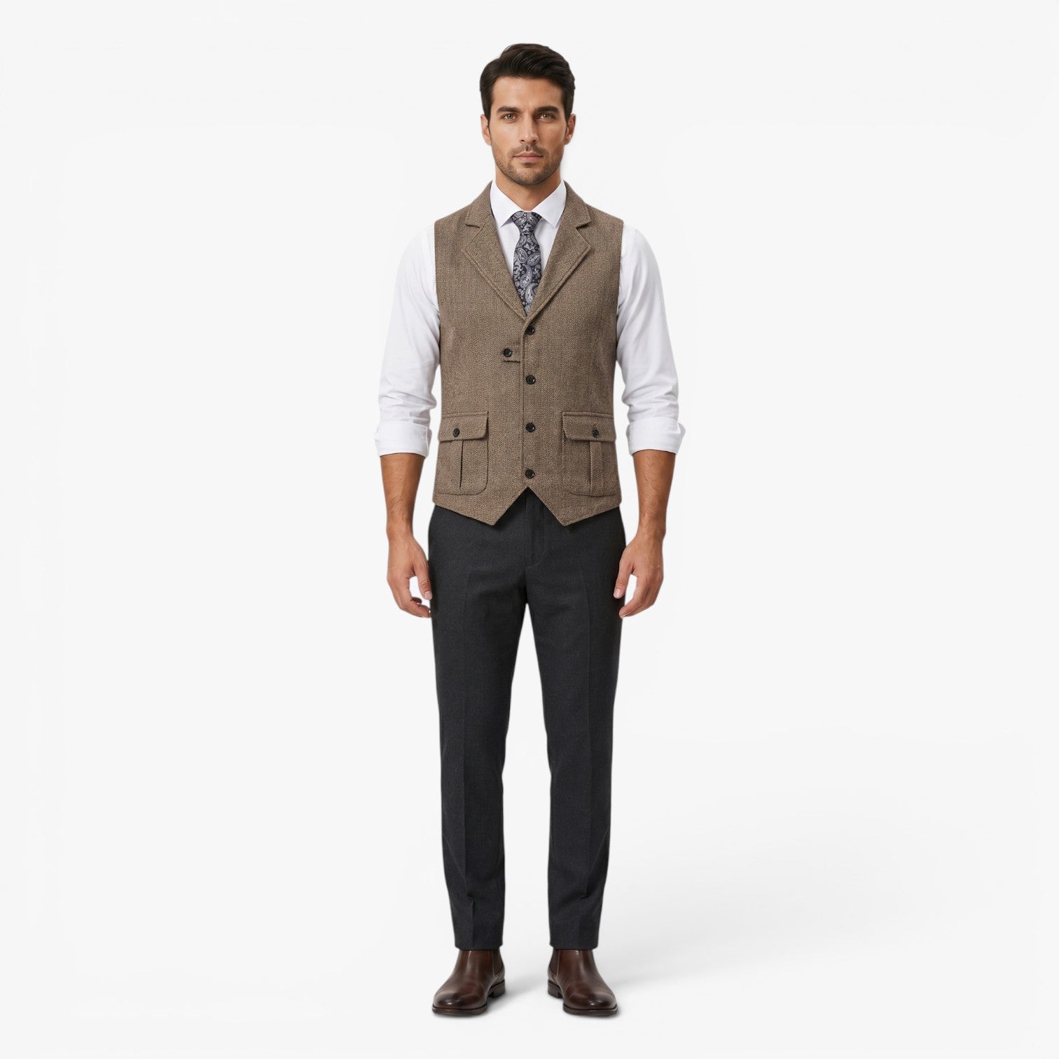 Men's Vintage Herringbone Tailored Waistcoat with Notch Lapel and Utility Pocket Details
