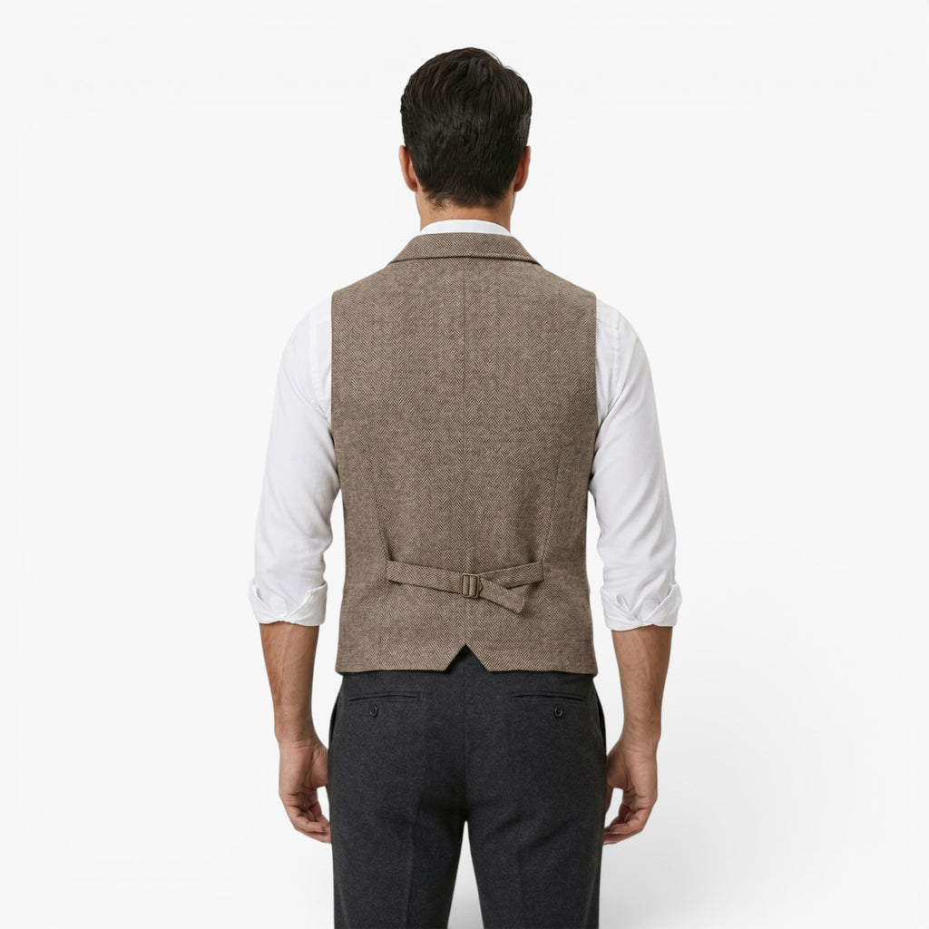 Men's Vintage Herringbone Tailored Waistcoat with Notch Lapel and Utility Pocket Details