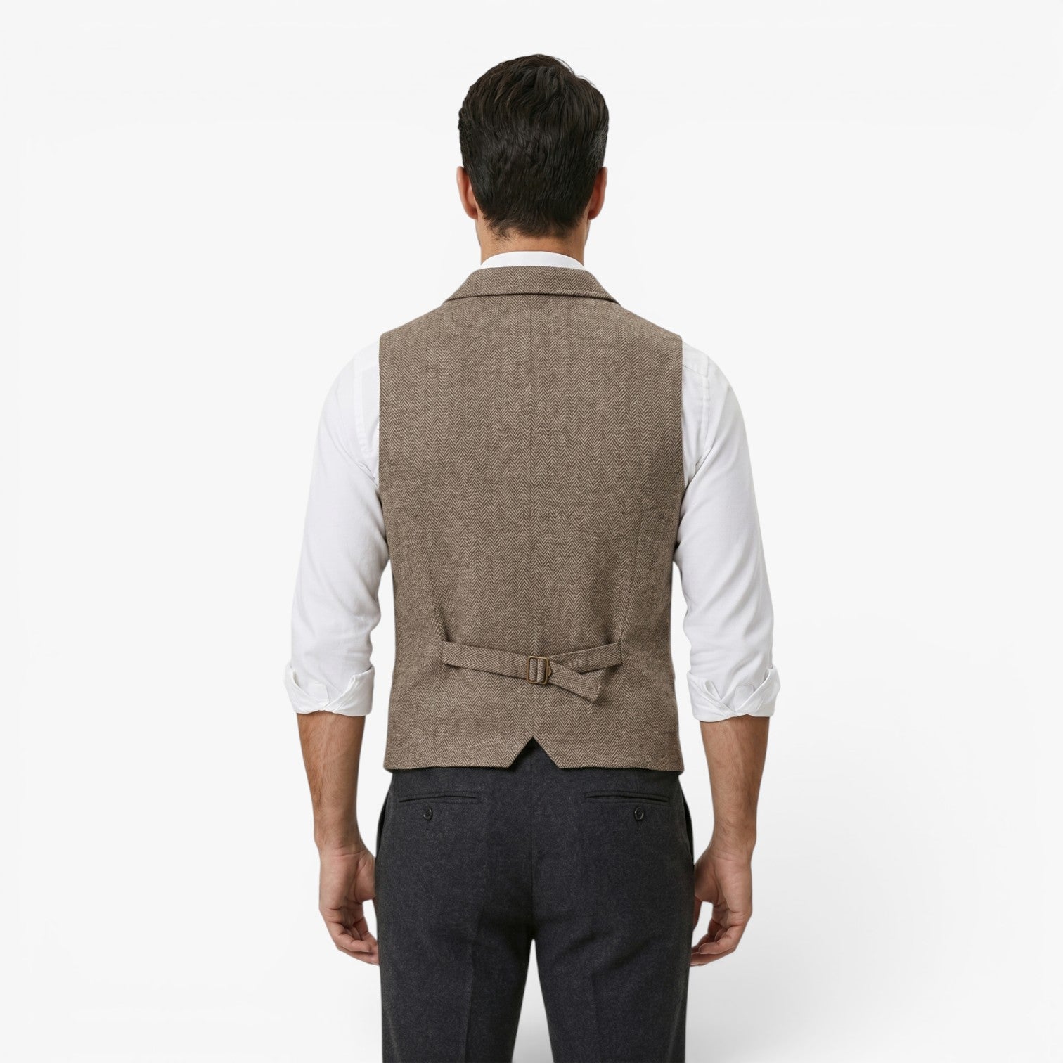 Men's Vintage Herringbone Tailored Waistcoat with Notch Lapel and Utility Pocket Details