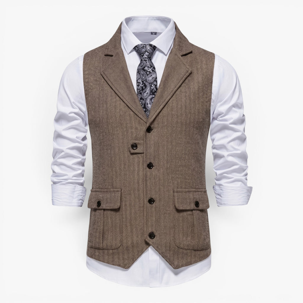 Men's Vintage Herringbone Tailored Waistcoat with Notch Lapel and Utility Pocket Details
