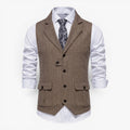 Men's Vintage Herringbone Tailored Waistcoat with Notch Lapel and Utility Pocket Details