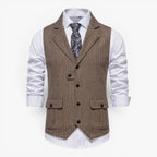 Men's Vintage Herringbone Tailored Waistcoat with Notch Lapel and Utility Pocket Details