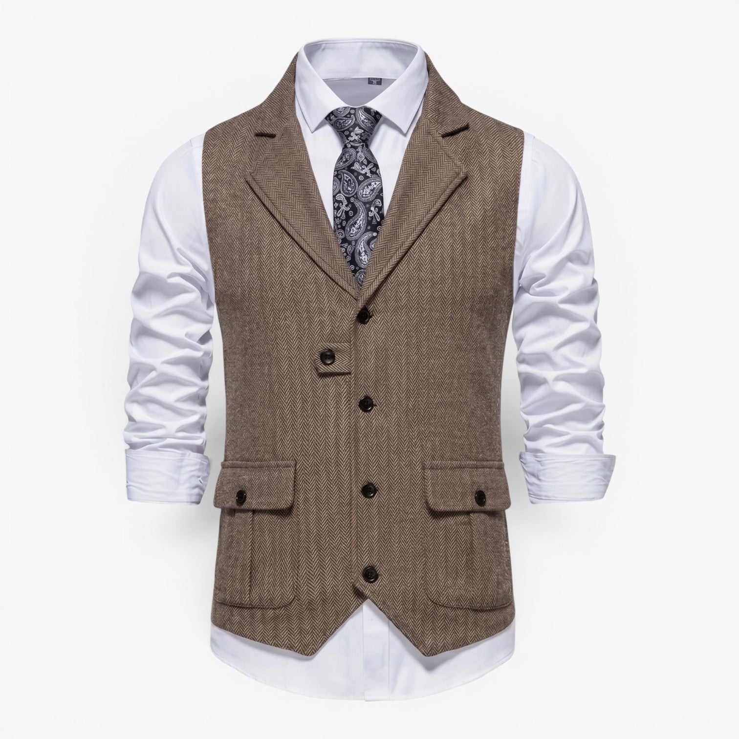 Men's Vintage Herringbone Tailored Waistcoat with Notch Lapel and Utility Pocket Details