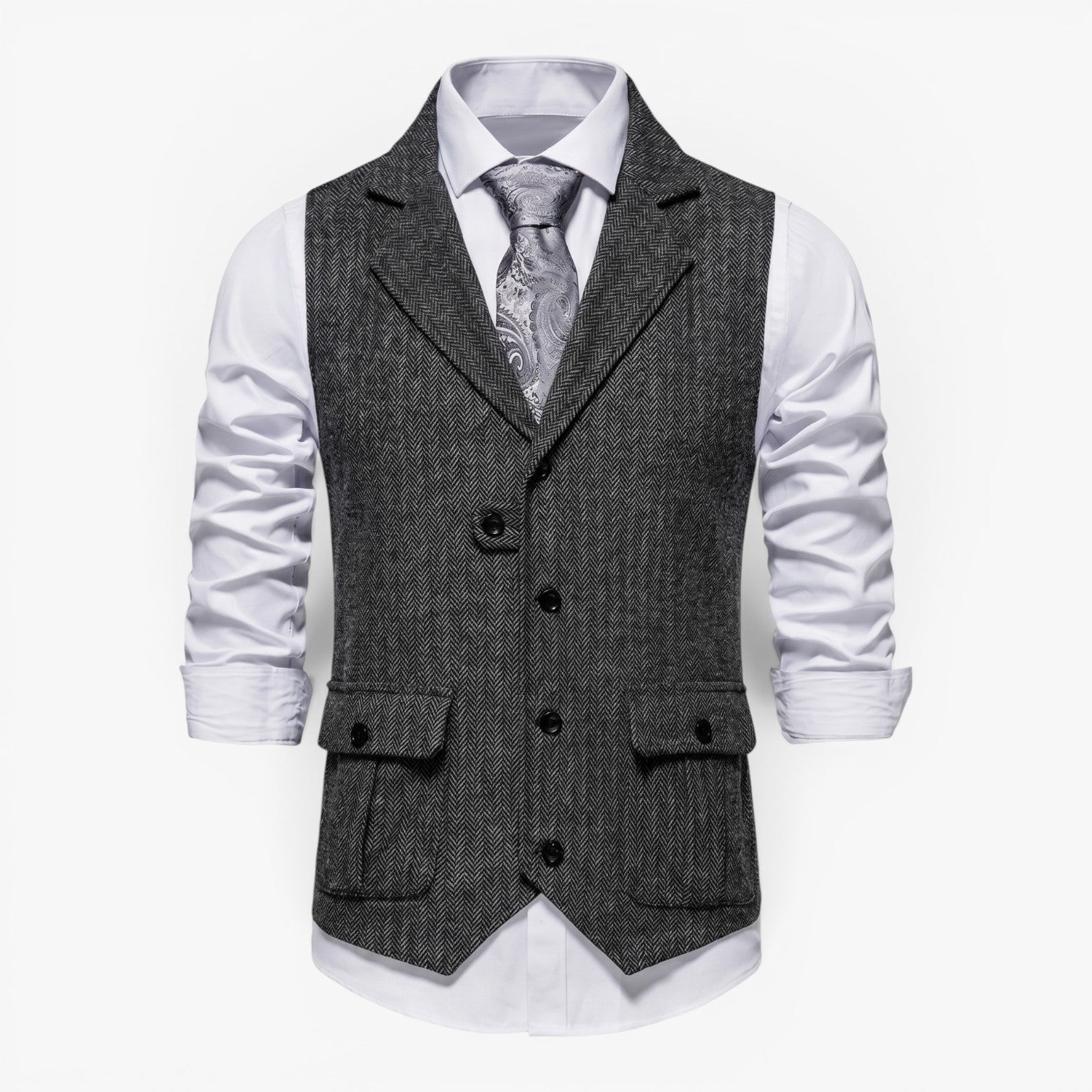 Men's Vintage Herringbone Tailored Waistcoat with Notch Lapel and Utility Pocket Details