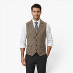 Men's Vintage Herringbone Tailored Waistcoat with Notch Lapel and Utility Pocket Details