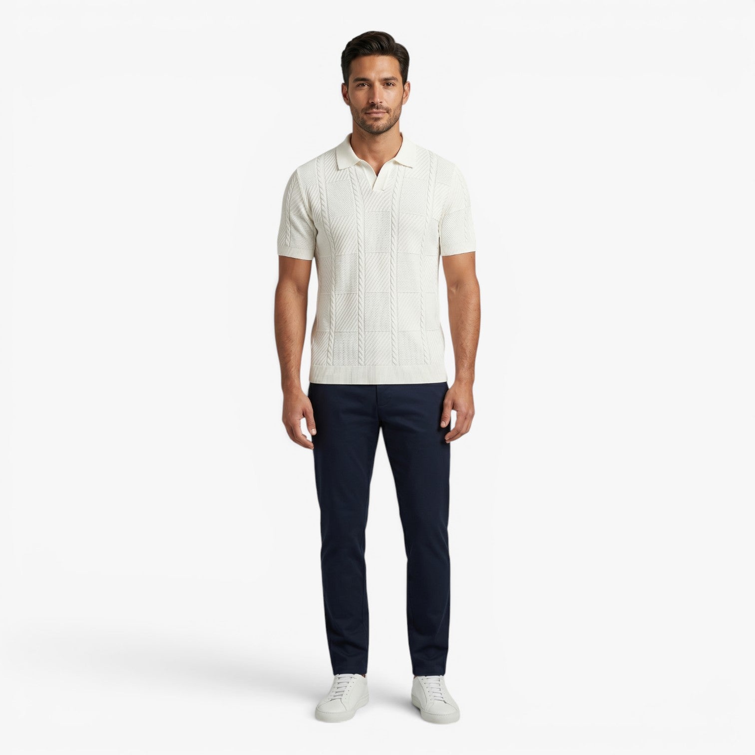 Men's Textured Checkerboard Knit Polo Shirt with Ribbed Jacquard Finish