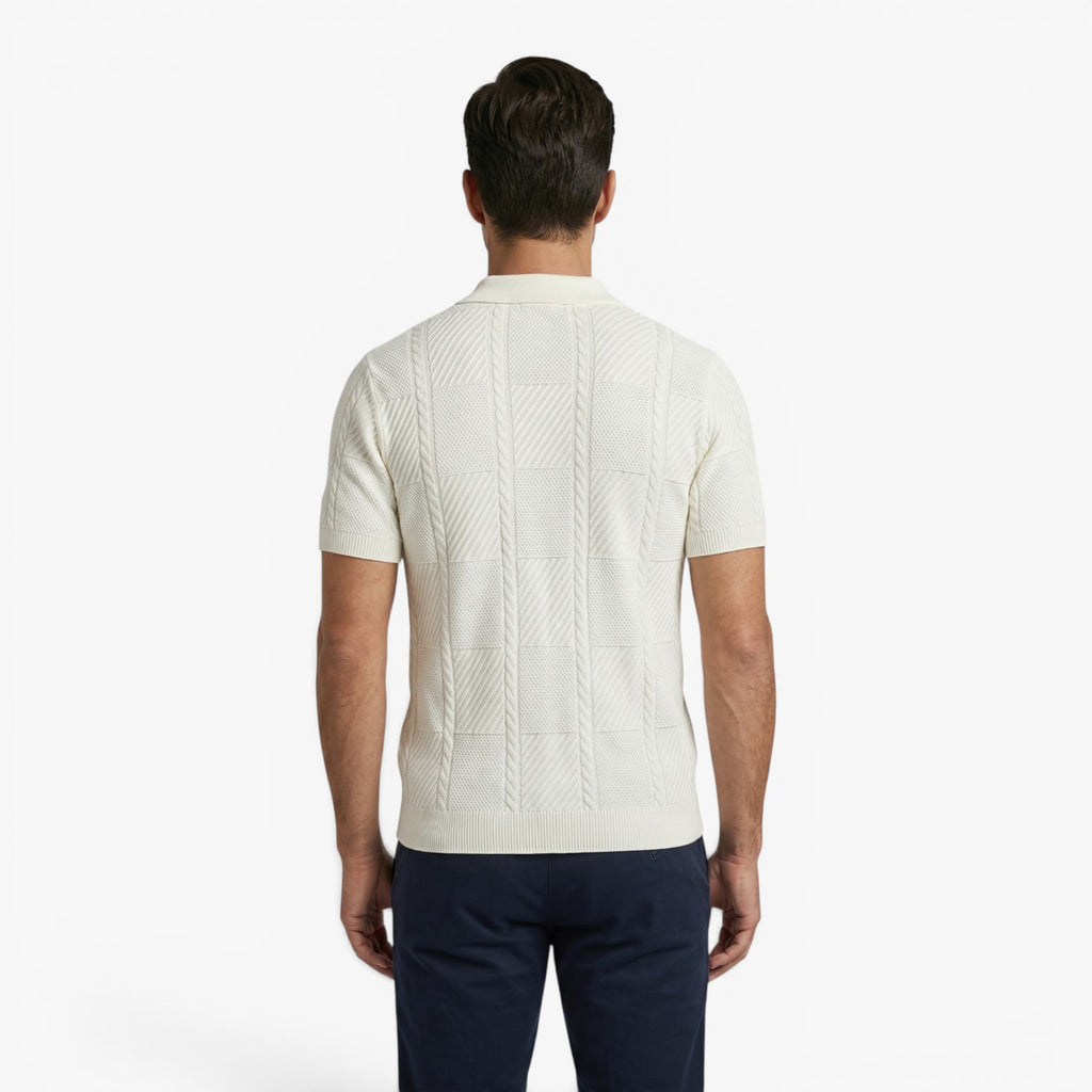 Men's Textured Checkerboard Knit Polo Shirt with Ribbed Jacquard Finish