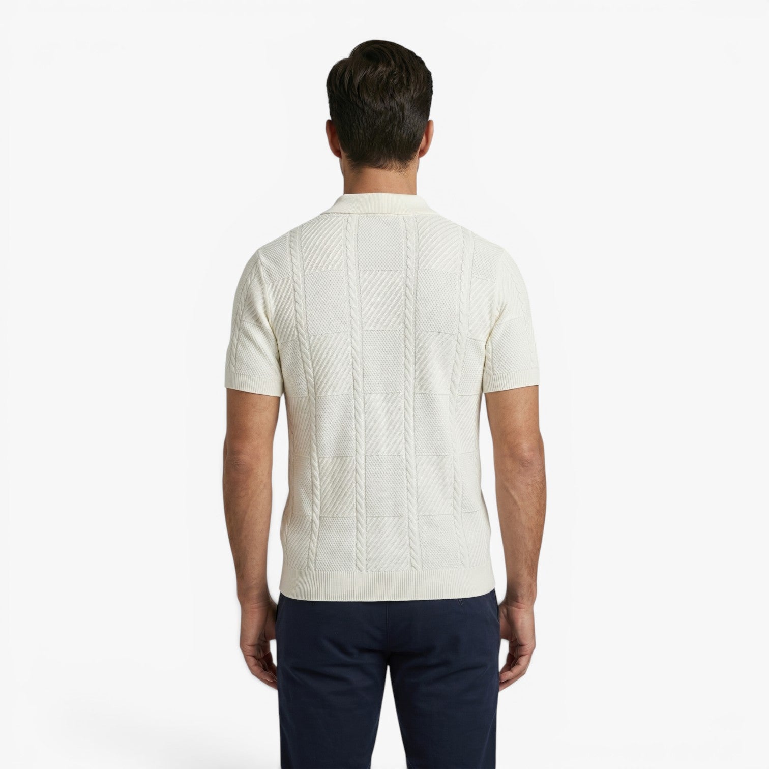 Men's Textured Checkerboard Knit Polo Shirt with Ribbed Jacquard Finish