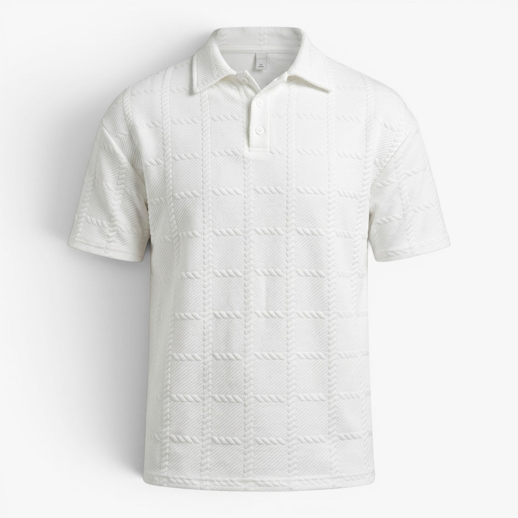 Men's Textured Checkerboard Knit Polo Shirt with Ribbed Jacquard Finish