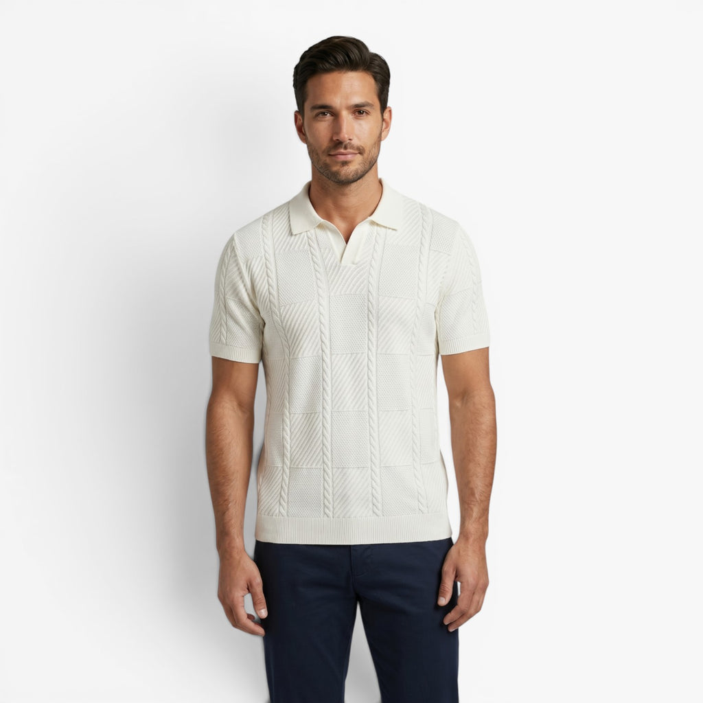 Men's Textured Checkerboard Knit Polo Shirt with Ribbed Jacquard Finish