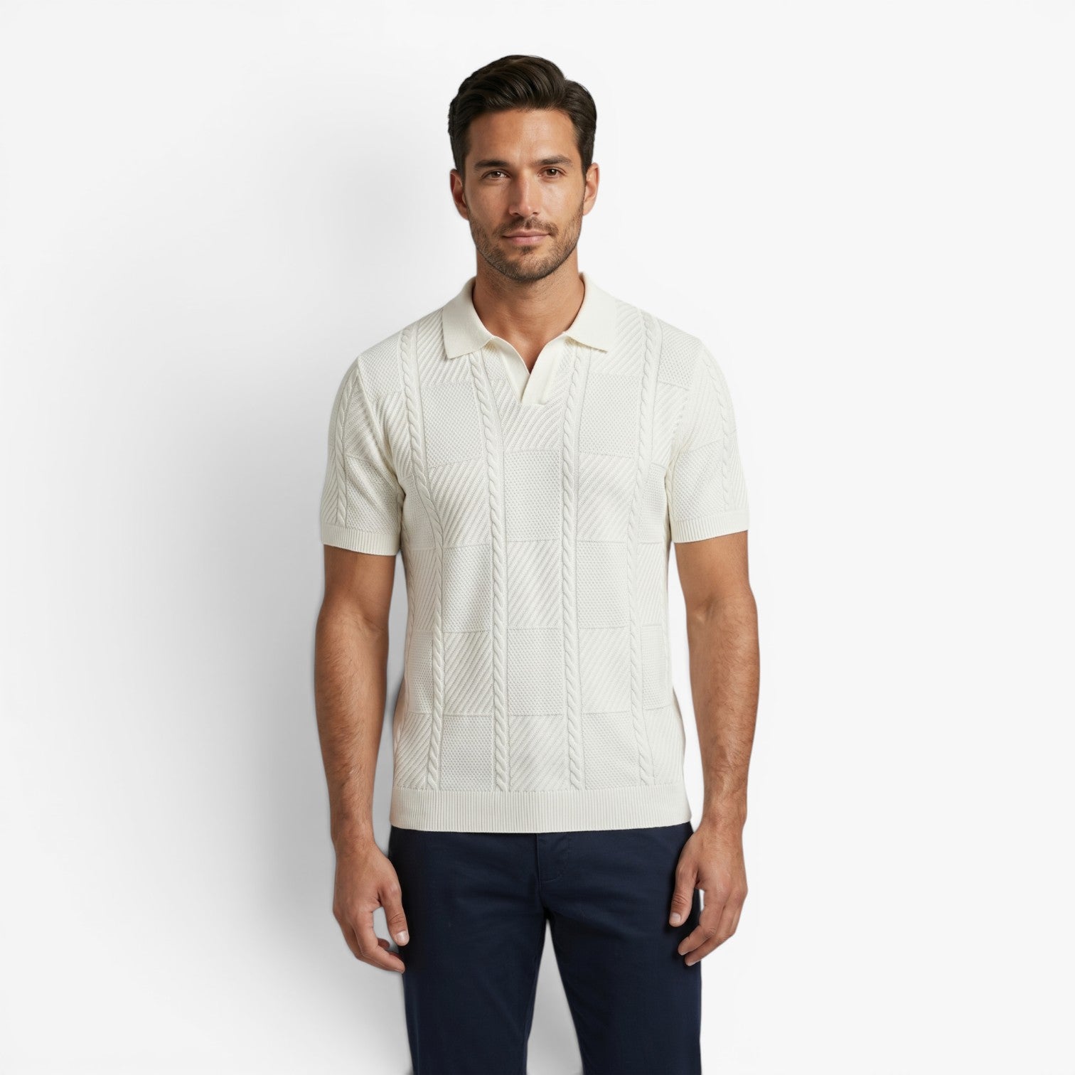 Men's Textured Checkerboard Knit Polo Shirt with Ribbed Jacquard Finish