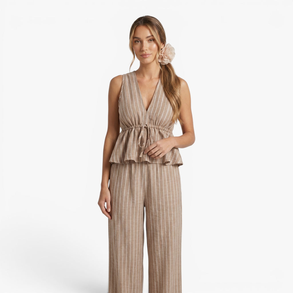 Damen gestreiftes Oberteil mit Taillenschleife und weit geschnittene Hose