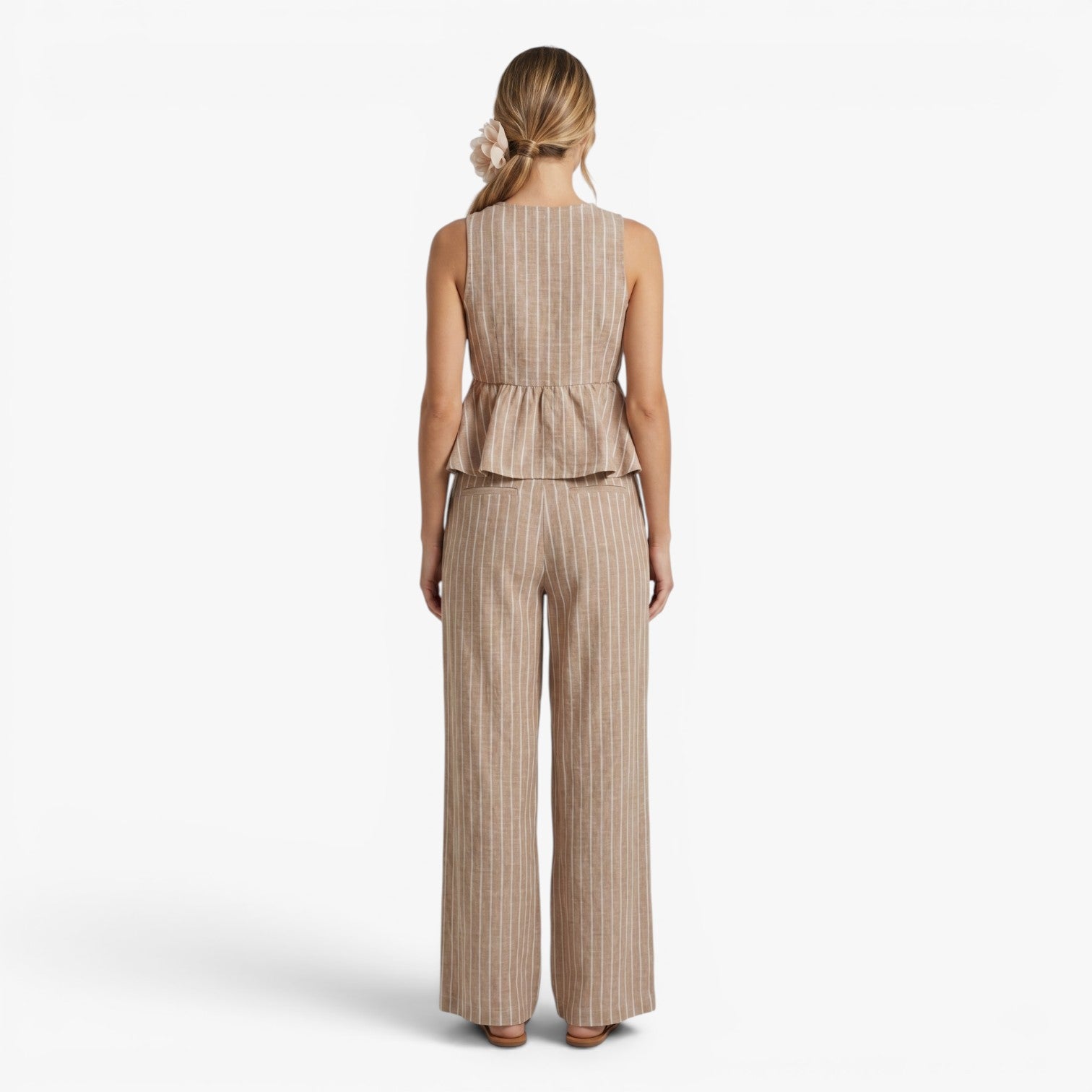 Damen gestreiftes Oberteil mit Taillenschleife und weit geschnittene Hose