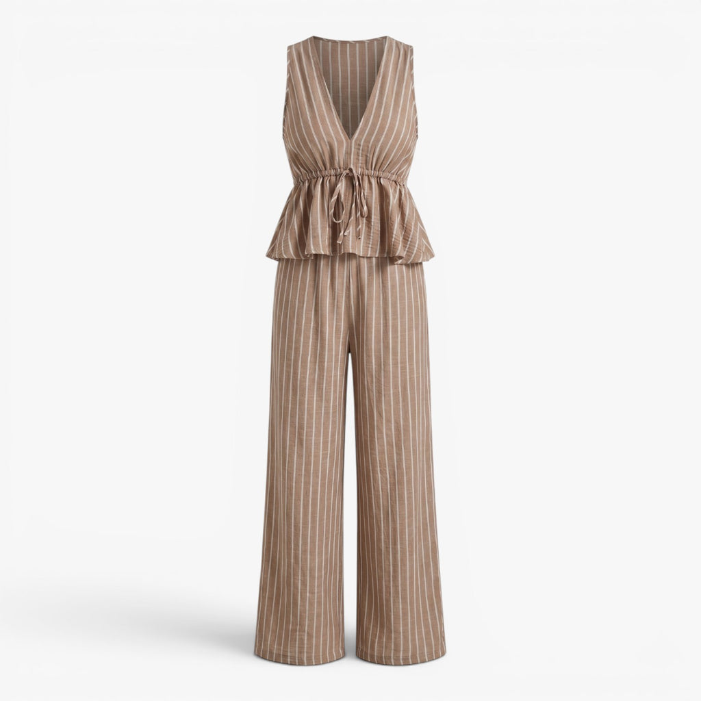 Damen gestreiftes Oberteil mit Taillenschleife und weit geschnittene Hose