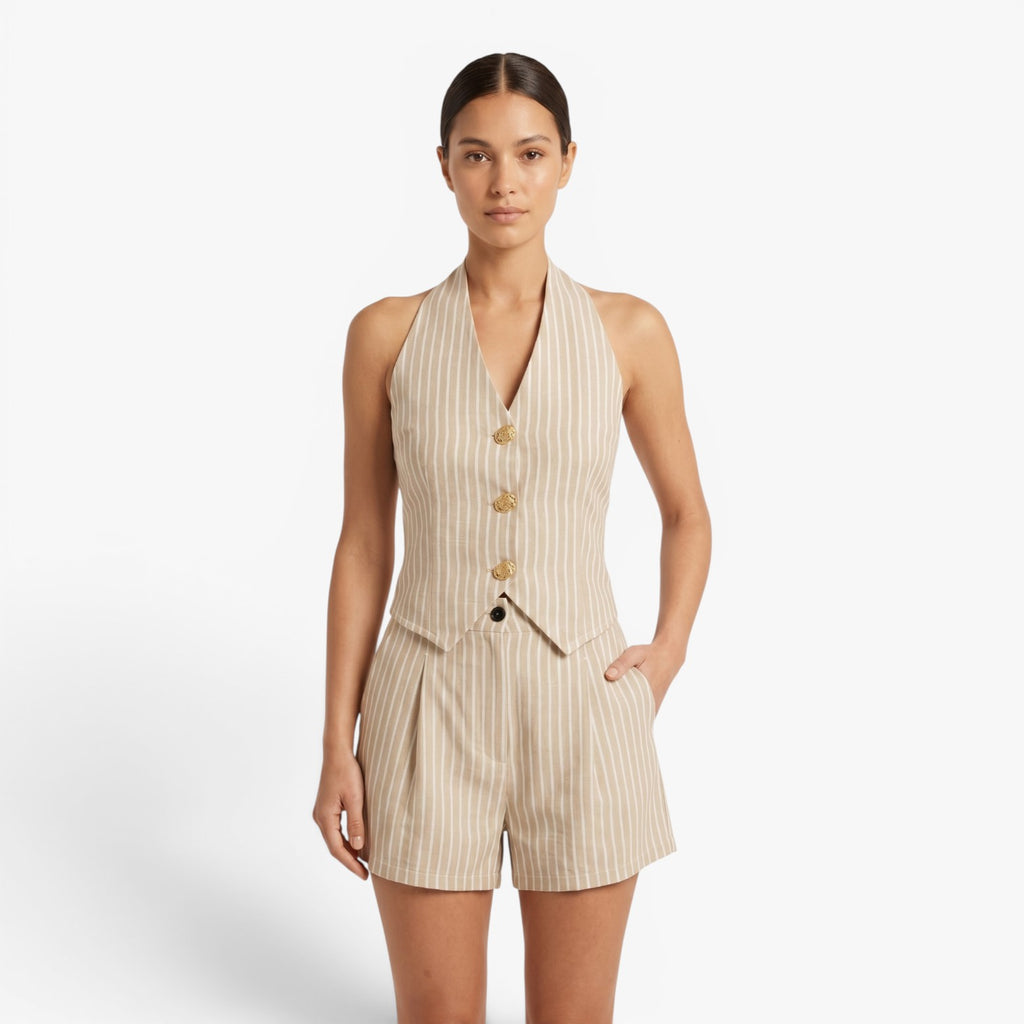 Women's Pinstripe Halter Vest & Tailored High-Waist Shorts Set