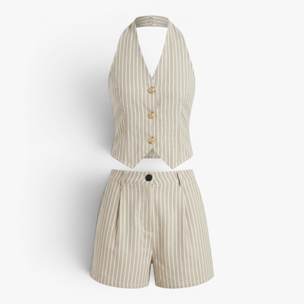 Women's Pinstripe Halter Vest & Tailored High-Waist Shorts Set