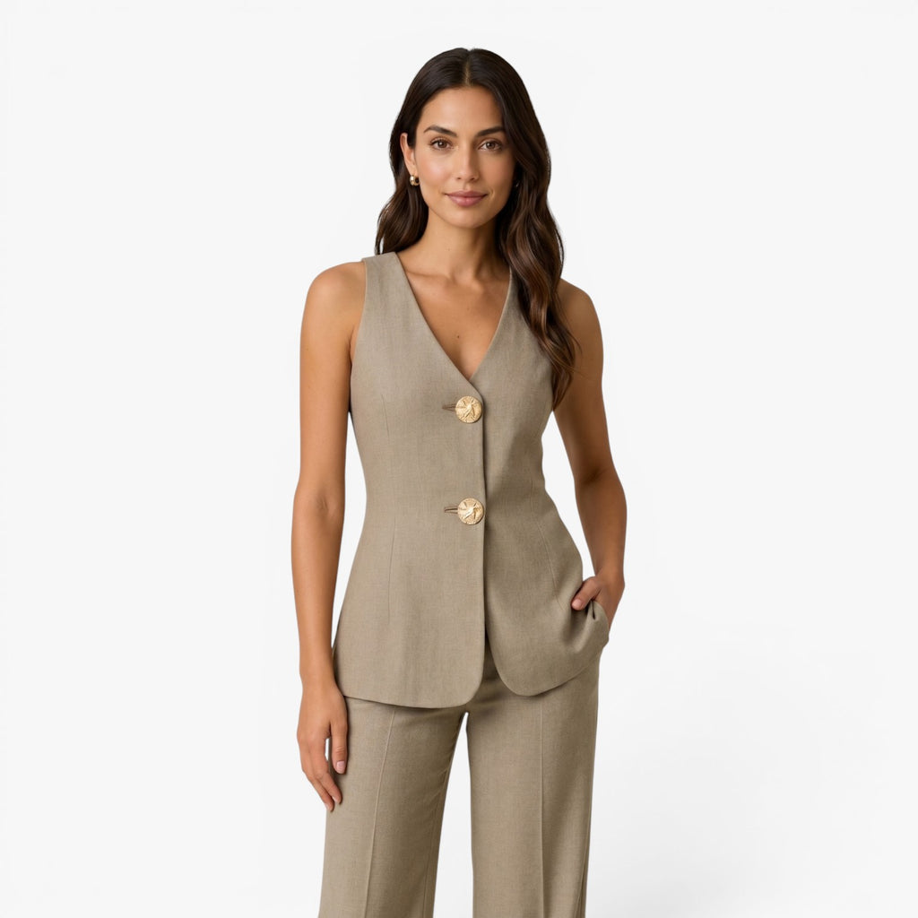 Women's Tailored V-Neck Vest & Wide-Leg Trousers Two-Piece Suit Set