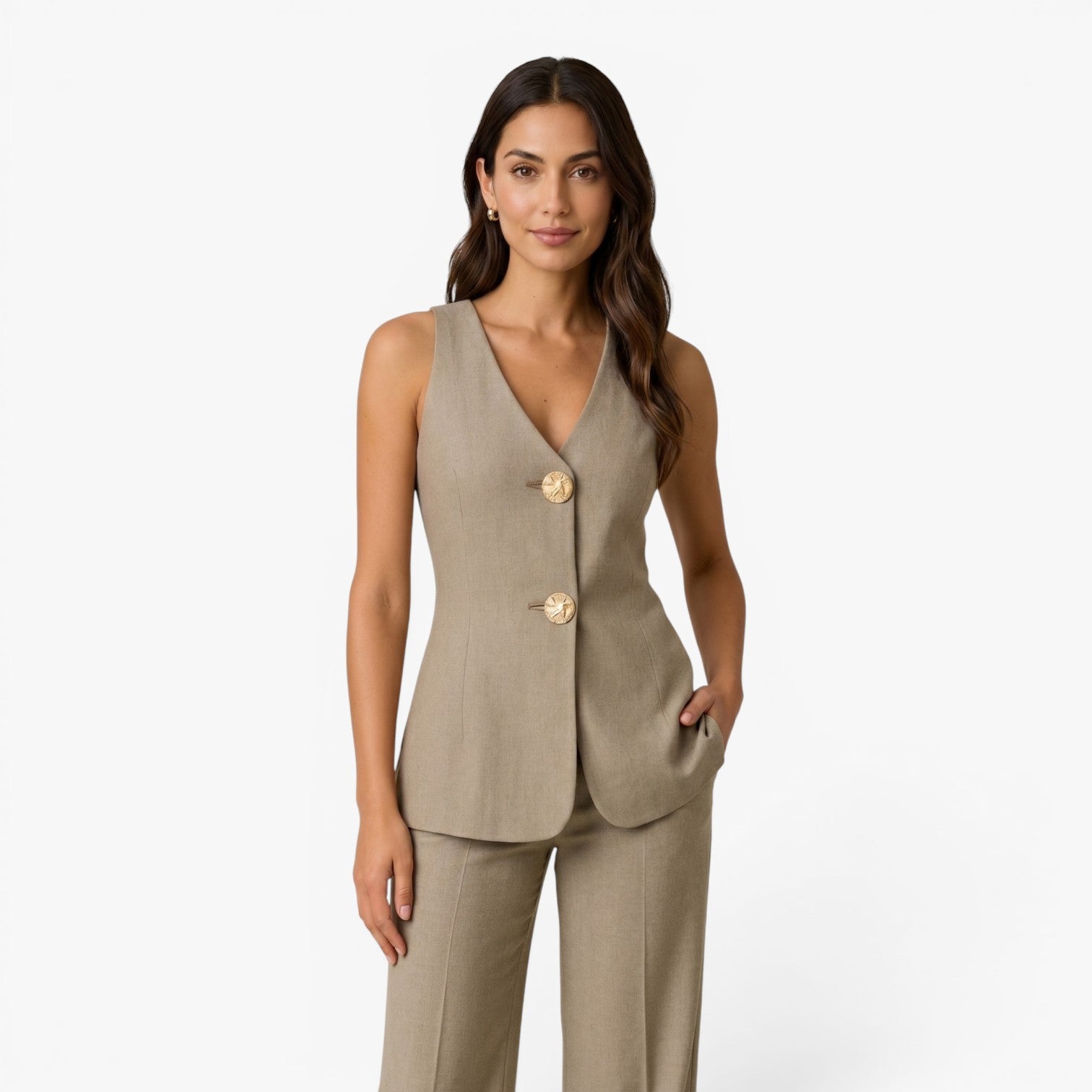 Women's Tailored V-Neck Vest & Wide-Leg Trousers Two-Piece Suit Set