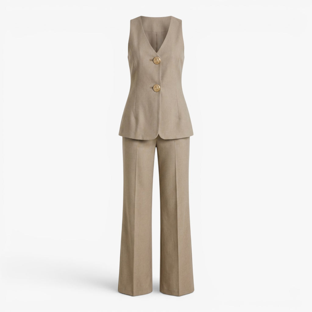 Women's Tailored V-Neck Vest & Wide-Leg Trousers Two-Piece Suit Set