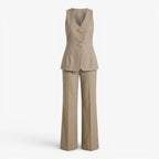 Women's Tailored V-Neck Vest & Wide-Leg Trousers Two-Piece Suit Set