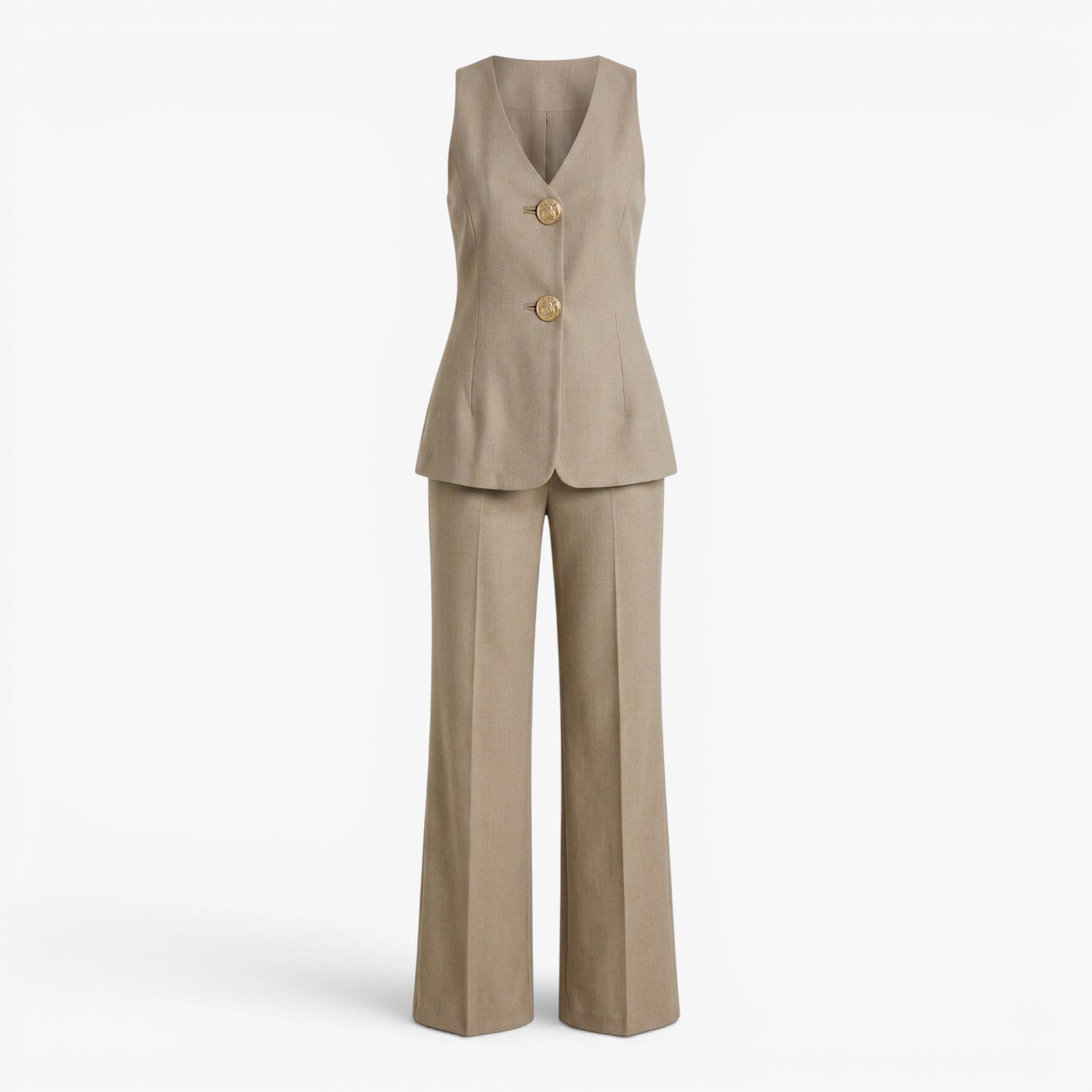 Women's Tailored V-Neck Vest & Wide-Leg Trousers Two-Piece Suit Set