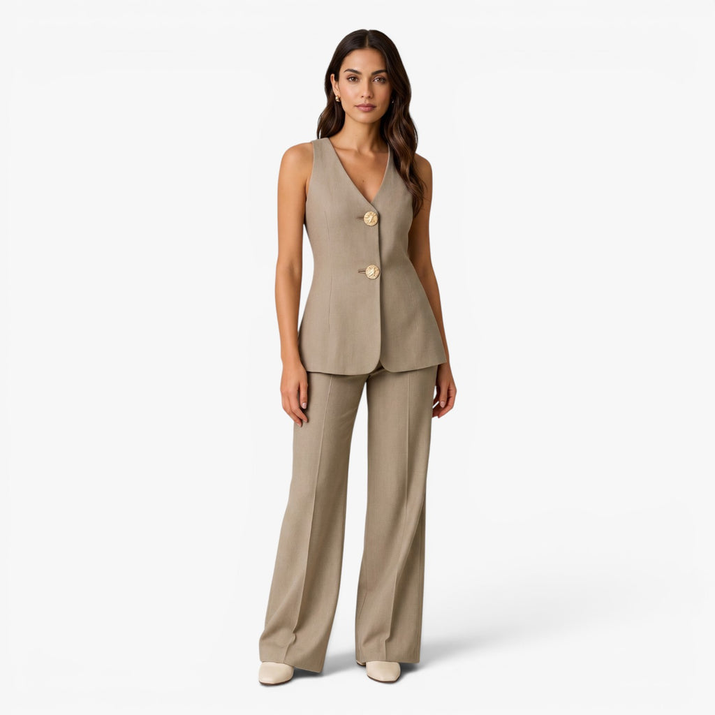Women's Tailored V-Neck Vest & Wide-Leg Trousers Two-Piece Suit Set