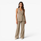 Women's Tailored V-Neck Vest & Wide-Leg Trousers Two-Piece Suit Set