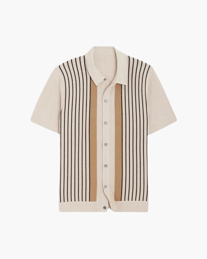 Men's Retro Vertical Striped Knit Polo Cardigan with Button Front and Tailored Resort Fit