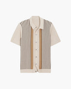 Men's Retro Vertical Striped Knit Polo Cardigan with Button Front and Tailored Resort Fit