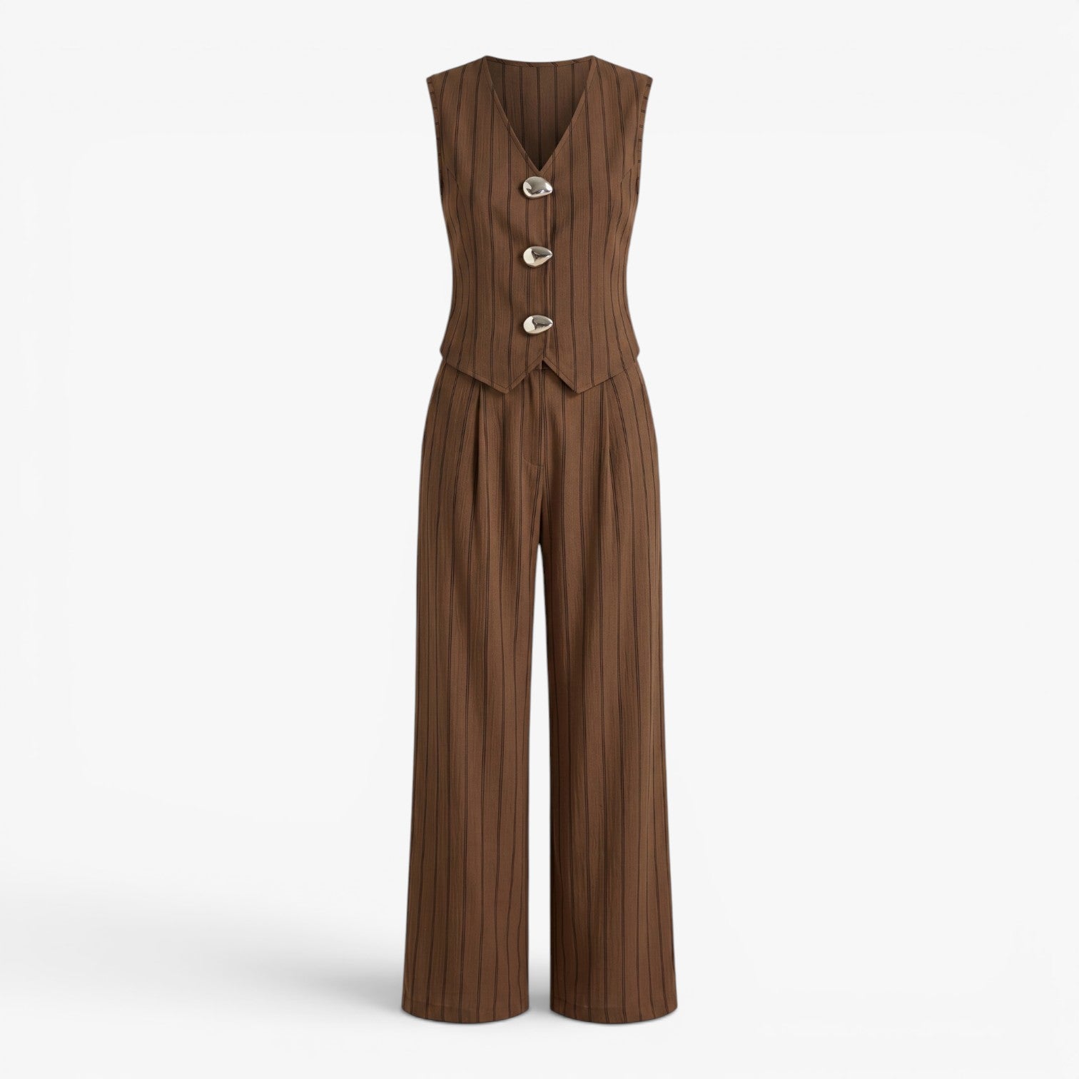 Women's Pinstripe Button-Front Vest & Wide-Leg Trousers Lounge Set