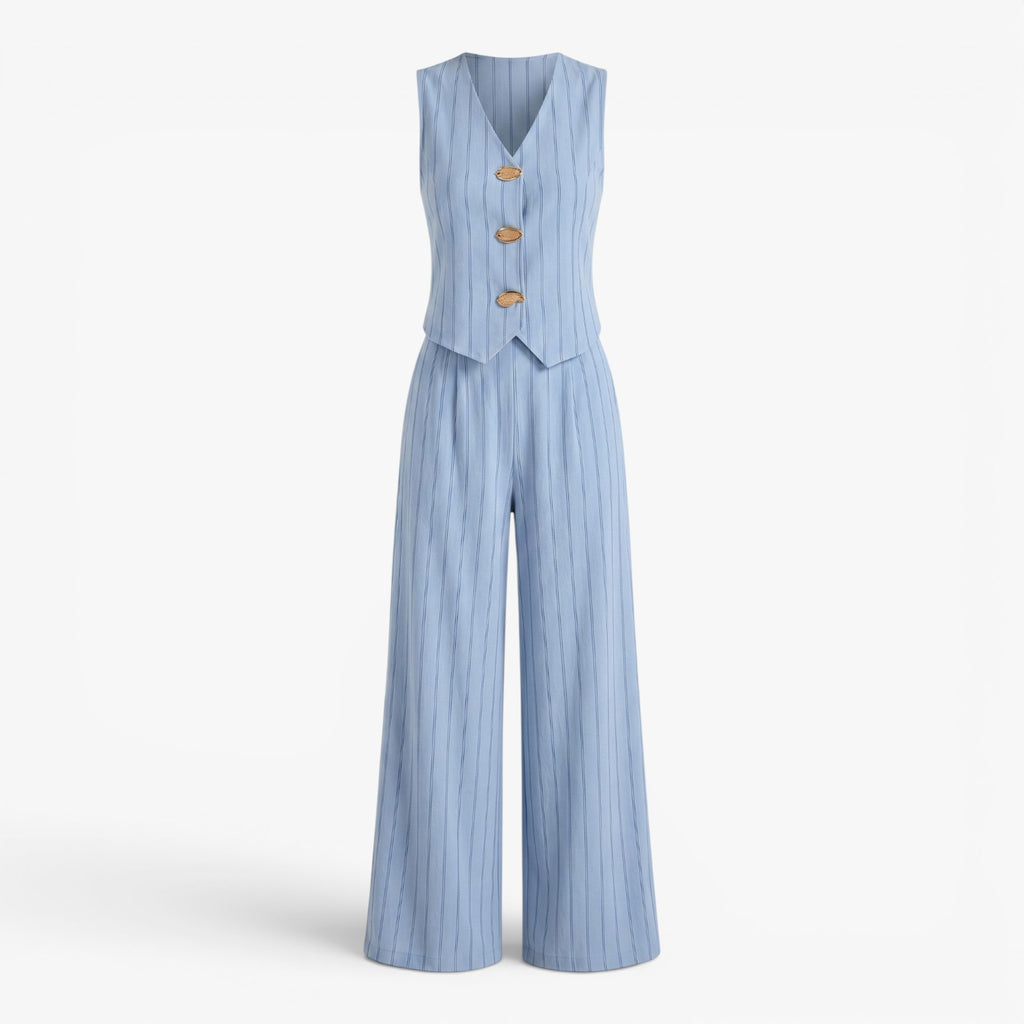 Women's Pinstripe Button-Front Vest & Wide-Leg Trousers Lounge Set