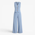 Women's Pinstripe Button-Front Vest & Wide-Leg Trousers Lounge Set