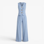 Women's Pinstripe Button-Front Vest & Wide-Leg Trousers Lounge Set