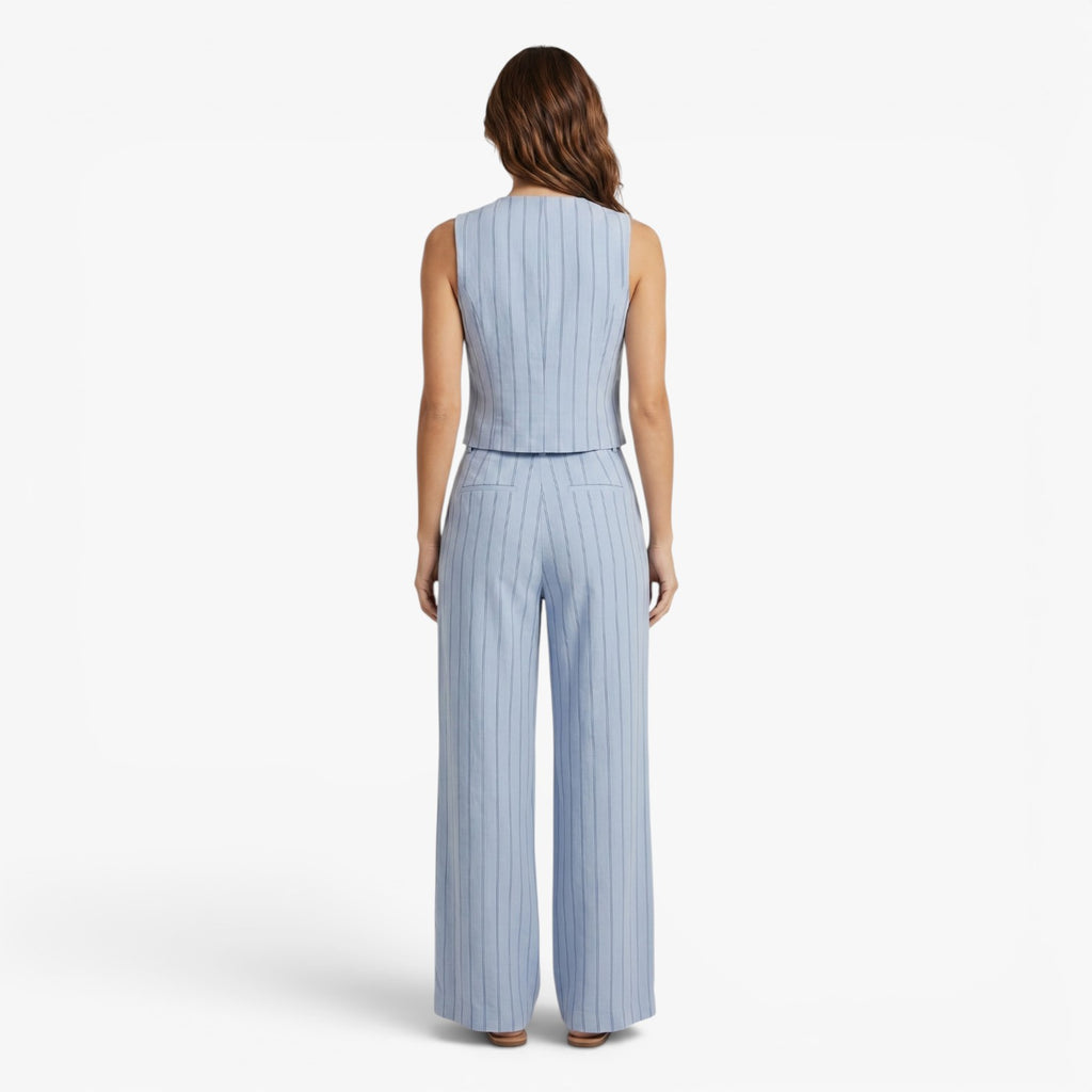 Women's Pinstripe Button-Front Vest & Wide-Leg Trousers Lounge Set