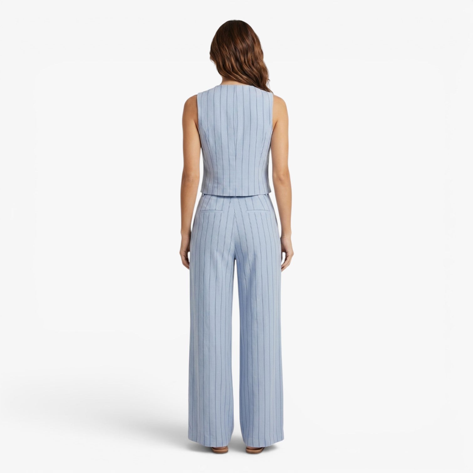 Women's Pinstripe Button-Front Vest & Wide-Leg Trousers Lounge Set