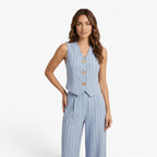 Women's Pinstripe Button-Front Vest & Wide-Leg Trousers Lounge Set