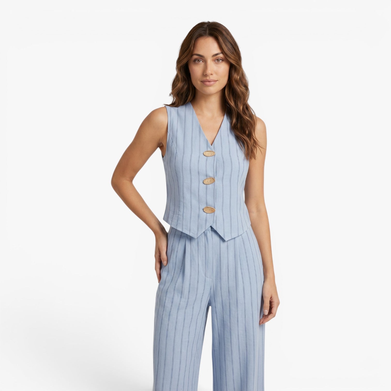 Women's Pinstripe Button-Front Vest & Wide-Leg Trousers Lounge Set