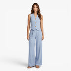 Women's Pinstripe Button-Front Vest & Wide-Leg Trousers Lounge Set