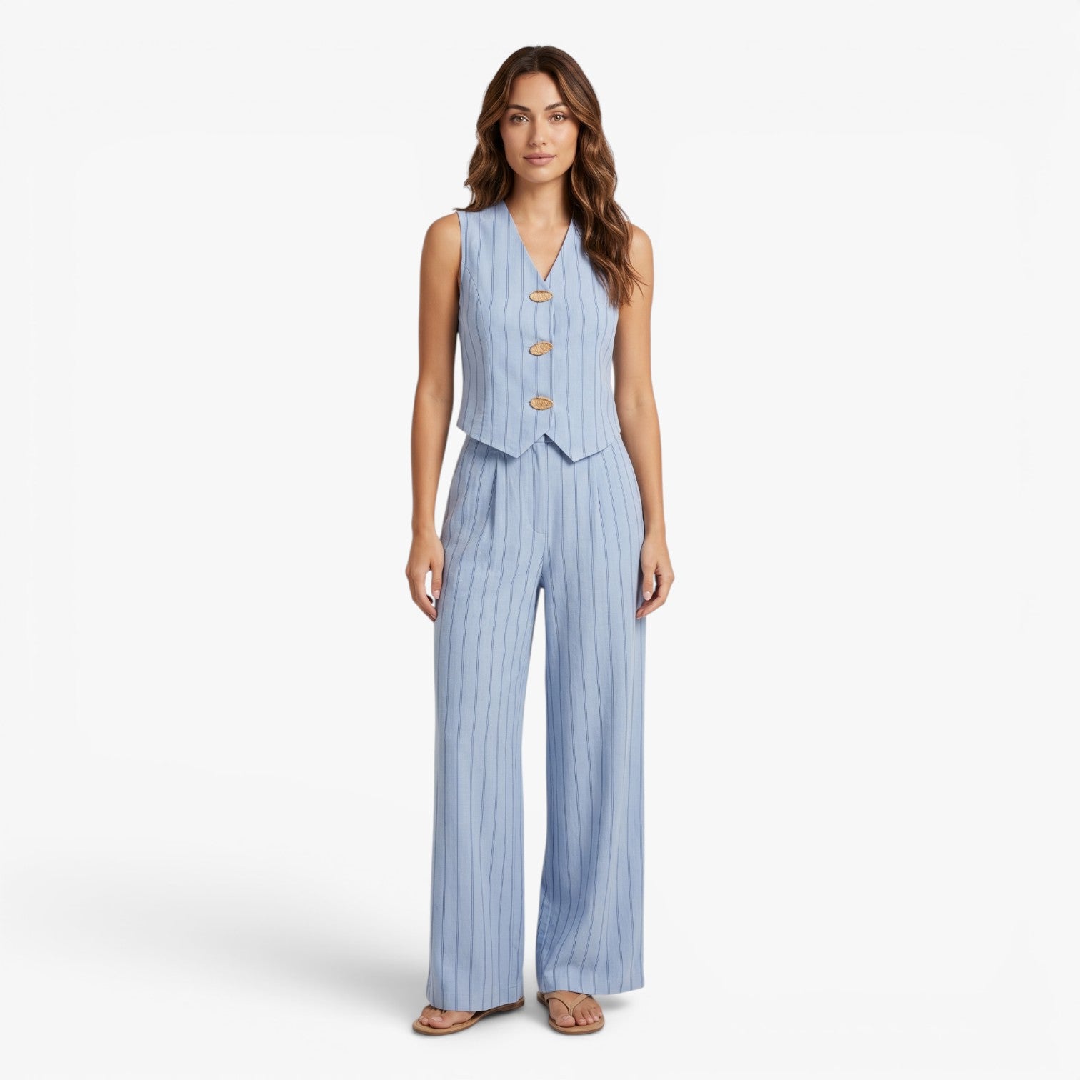 Women's Pinstripe Button-Front Vest & Wide-Leg Trousers Lounge Set