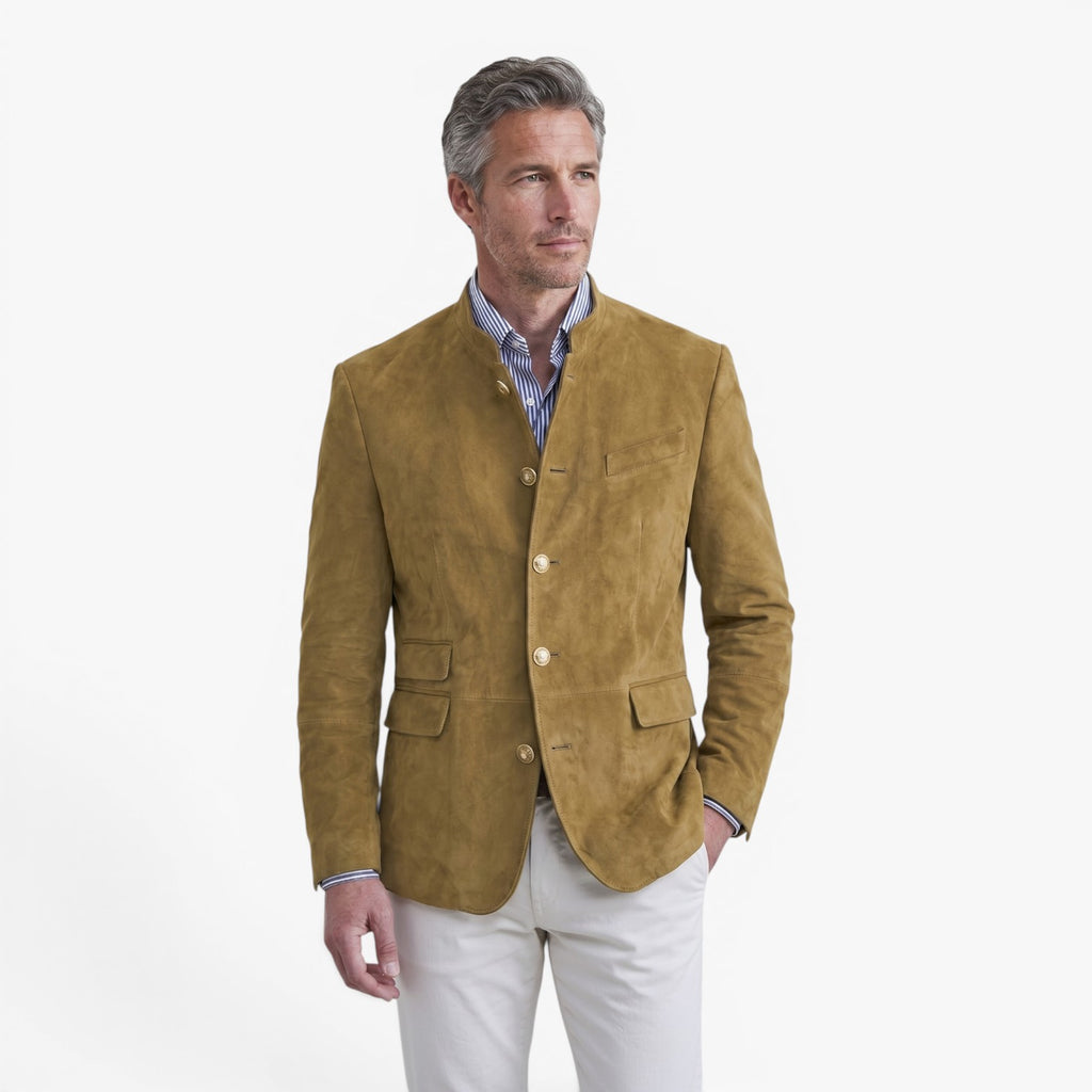 Men's Vintage Suede Military-Inspired Stand Collar Blazer Jacket