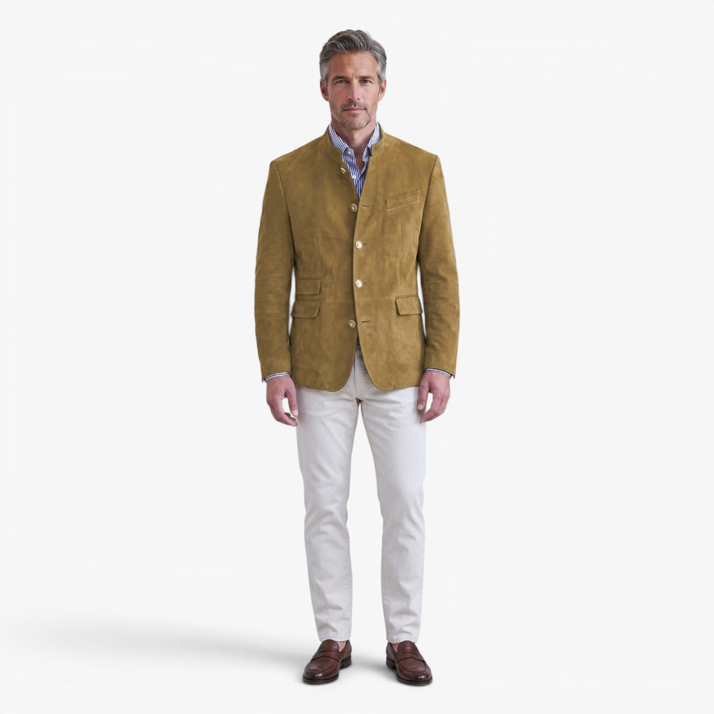 Men's Vintage Suede Military-Inspired Stand Collar Blazer Jacket
