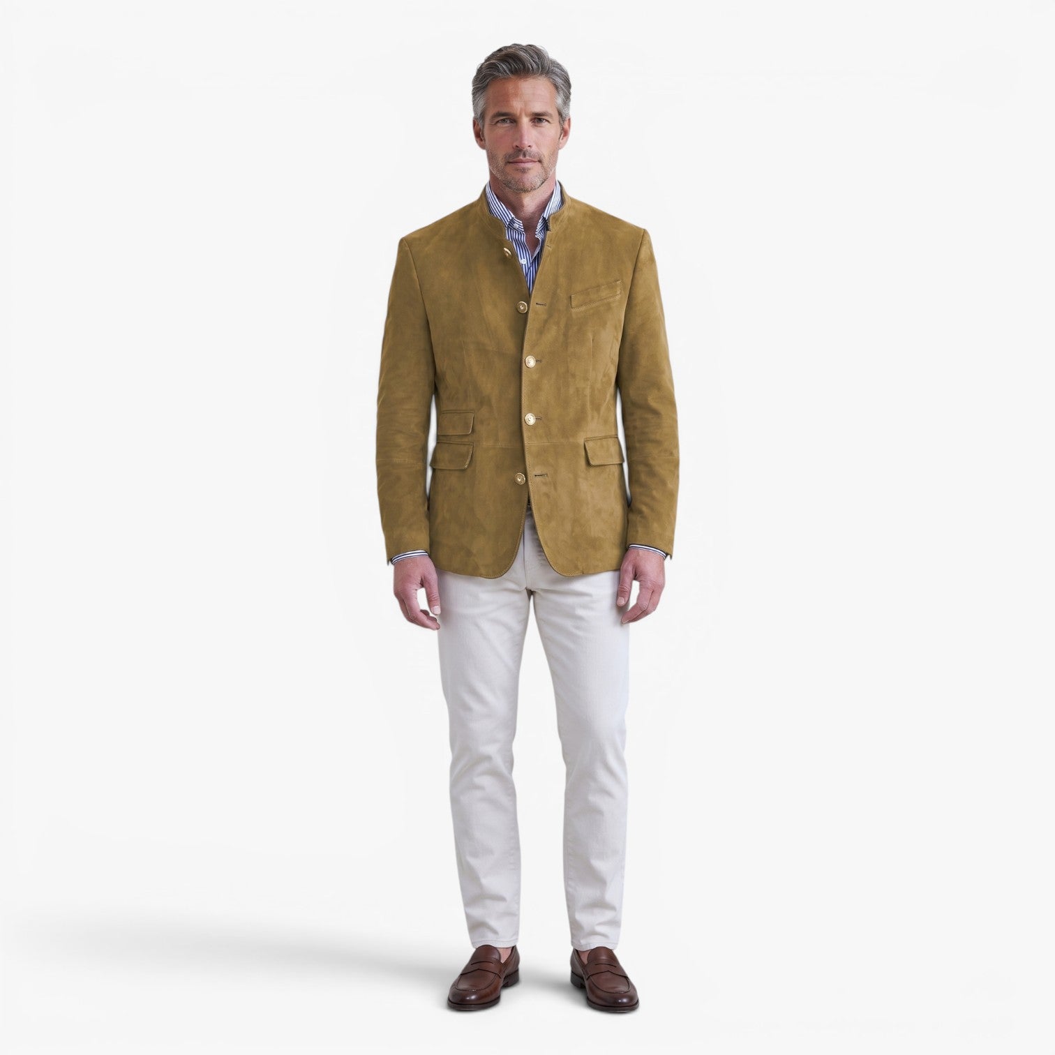 Men's Vintage Suede Military-Inspired Stand Collar Blazer Jacket