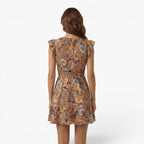 Women's Paisley Floral Print V-Neck Tie Waist Ruffle Sleeve Mini Dress