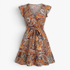 Women's Paisley Floral Print V-Neck Tie Waist Ruffle Sleeve Mini Dress